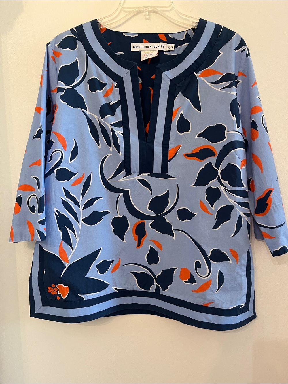 Gretchen Scott Designs Periwinkle Blue and Navy Tunic Top Sz L- 100% Cotton